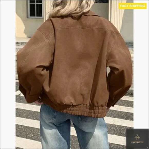 Faux Suede Motorcycle Jacket Oversized Zip Up Bomber Coat Women's Outerwear - Picture 3 of 7